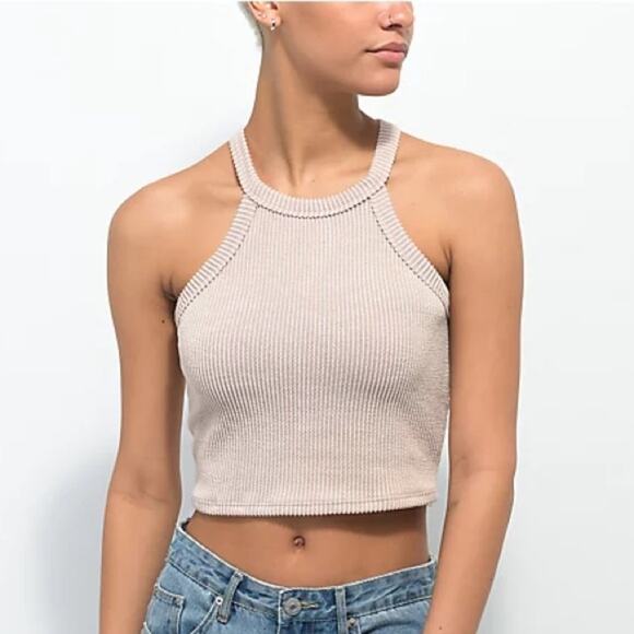 NWT Zumiez Luna Chix Tank Top Womens M Beige Rib Knit Halter Crop Neutral Basic - Picture 1 of 5